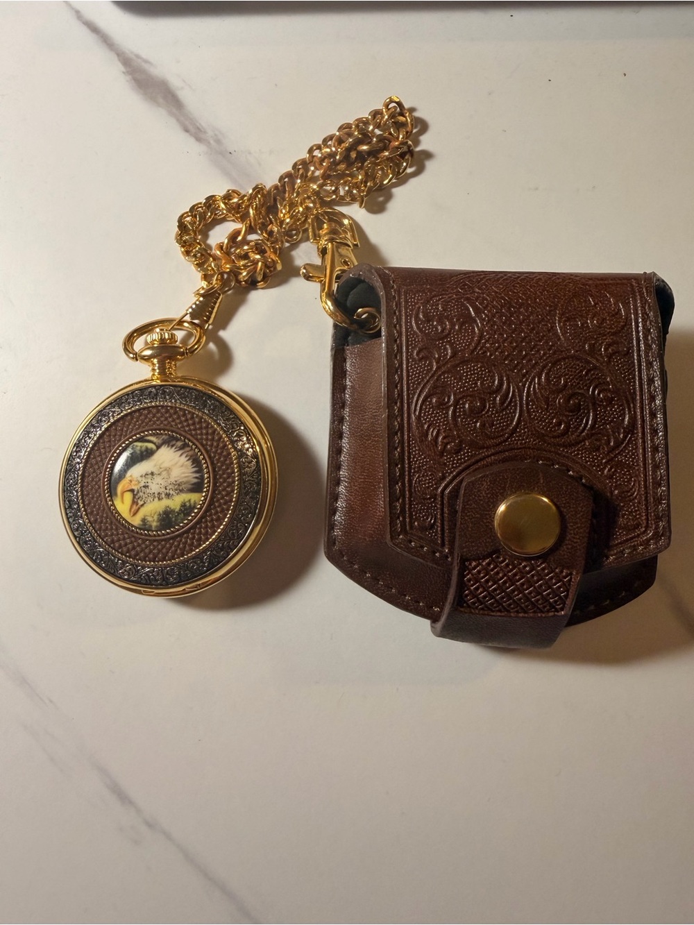 Gold Eagle Pocket Watch with chained Brown Tooled Leather Pouch